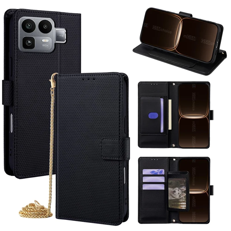For Realme Neo8 5G Wallet Case Triangle Pattern Imprinted Stand Leather Phone Cover with Shoulder Strap - Black