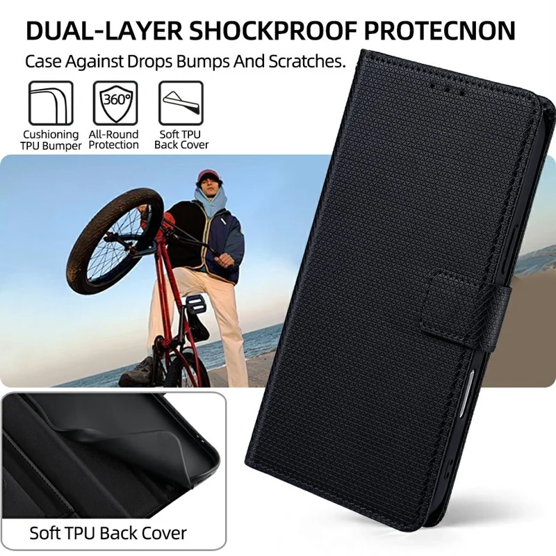 For Realme Neo8 5G Wallet Case Triangle Pattern Imprinted Stand Leather Phone Cover with Shoulder Strap - Black