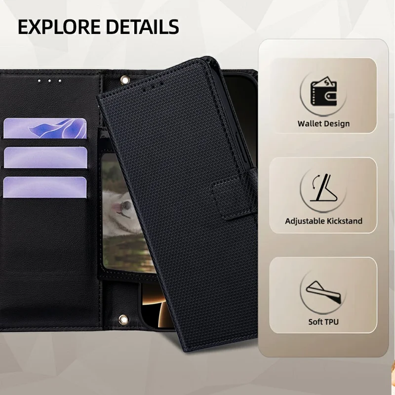 For Realme Neo8 5G Wallet Case Triangle Pattern Imprinted Stand Leather Phone Cover with Shoulder Strap - Black