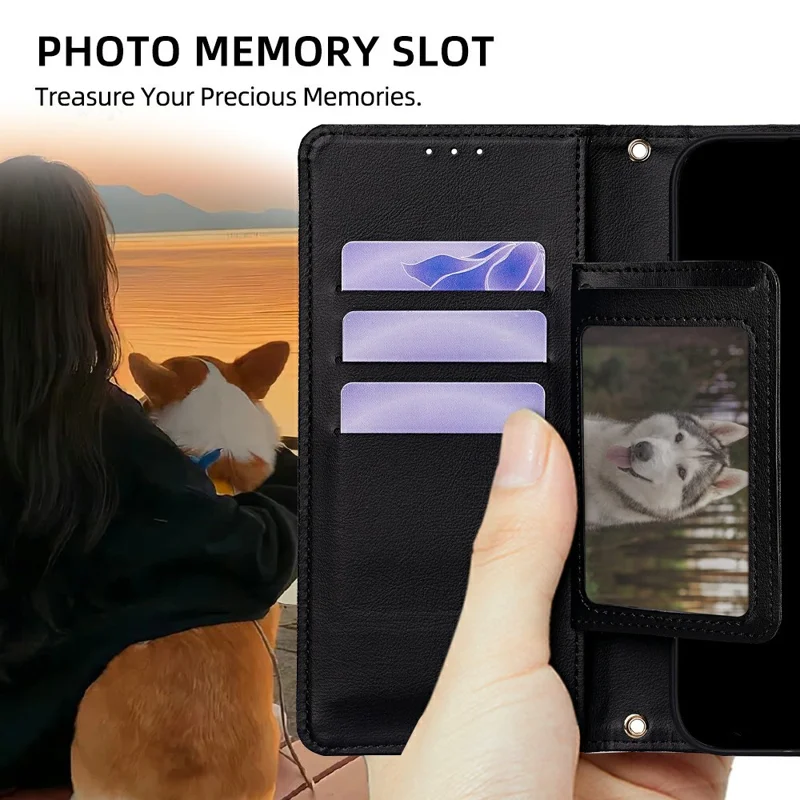 For Realme Neo8 5G Wallet Case Triangle Pattern Imprinted Stand Leather Phone Cover with Shoulder Strap - Black