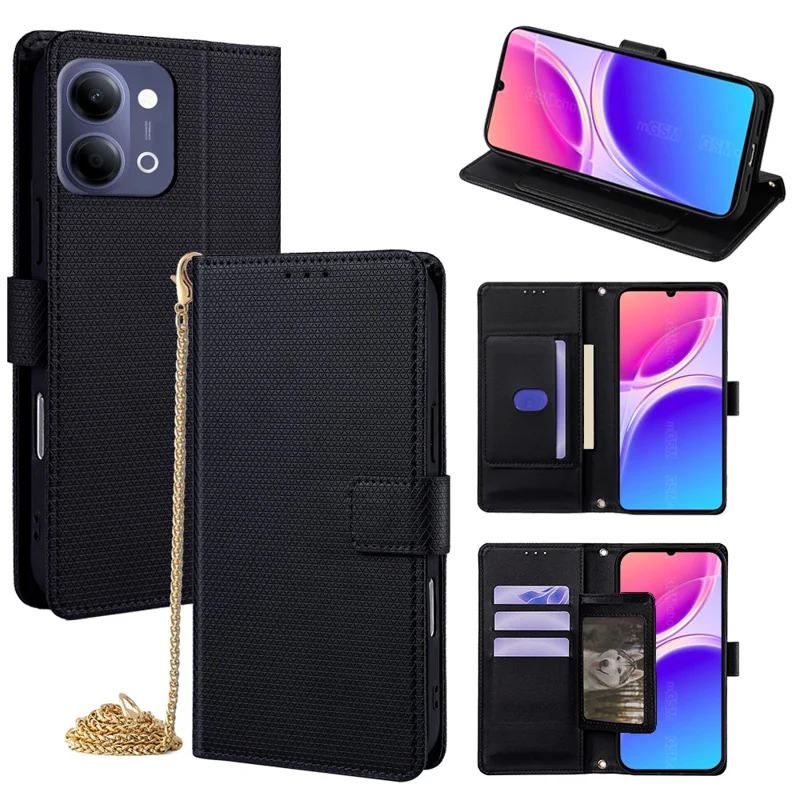 For vivo Y05 4G Wallet Case Triangle Pattern Imprinted Stand Leather Phone Cover with Shoulder Strap - Black