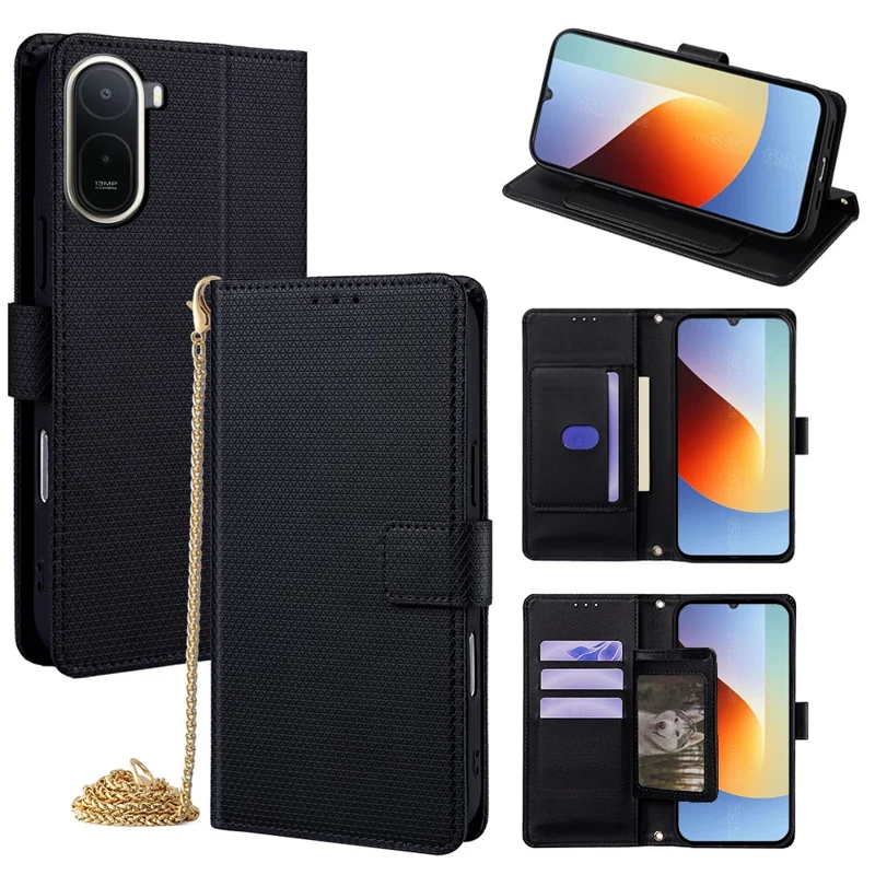 For Xiaomi Redmi A7 Pro 4G (171.56mm) Wallet Case Triangle Pattern Imprinted Stand Leather Phone Cover with Shoulder Strap - Black