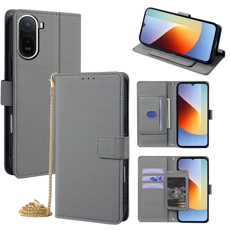 For Xiaomi Redmi A7 Pro 4G (171.56mm) Wallet Case Triangle Pattern Imprinted Stand Leather Phone Cover with Shoulder Strap - Grey