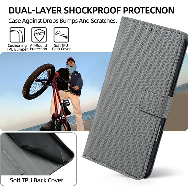 For Xiaomi Redmi A7 Pro 4G (171.56mm) Wallet Case Triangle Pattern Imprinted Stand Leather Phone Cover with Shoulder Strap - Grey