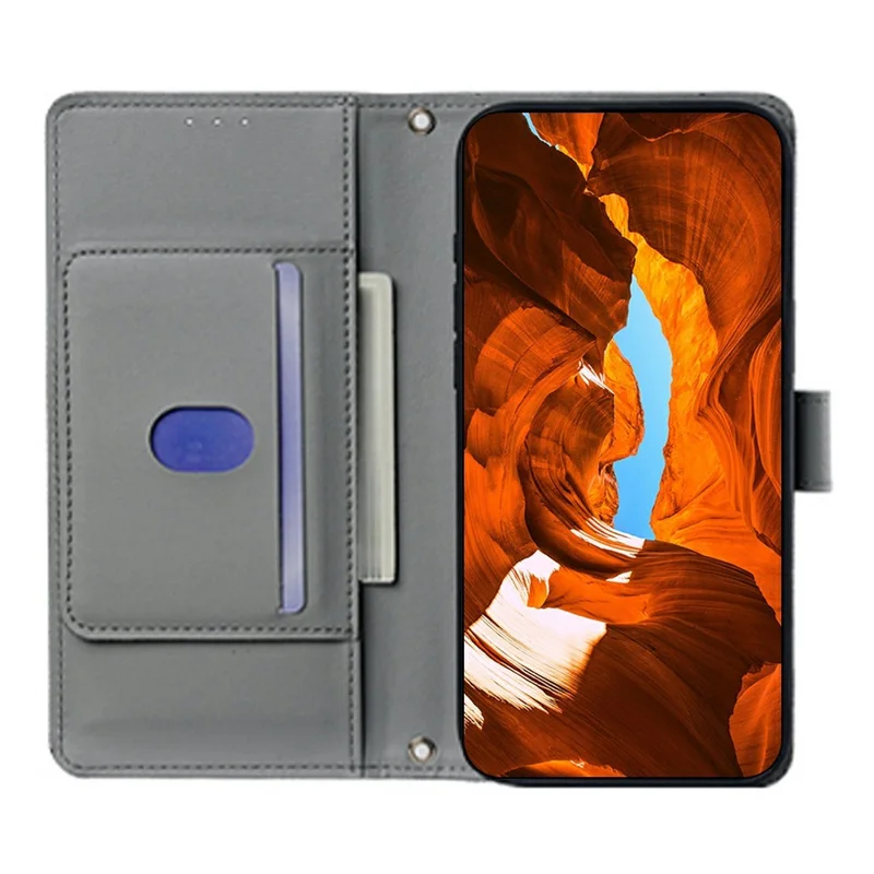 For Xiaomi Redmi A7 Pro 4G (171.56mm) Wallet Case Triangle Pattern Imprinted Stand Leather Phone Cover with Shoulder Strap - Grey