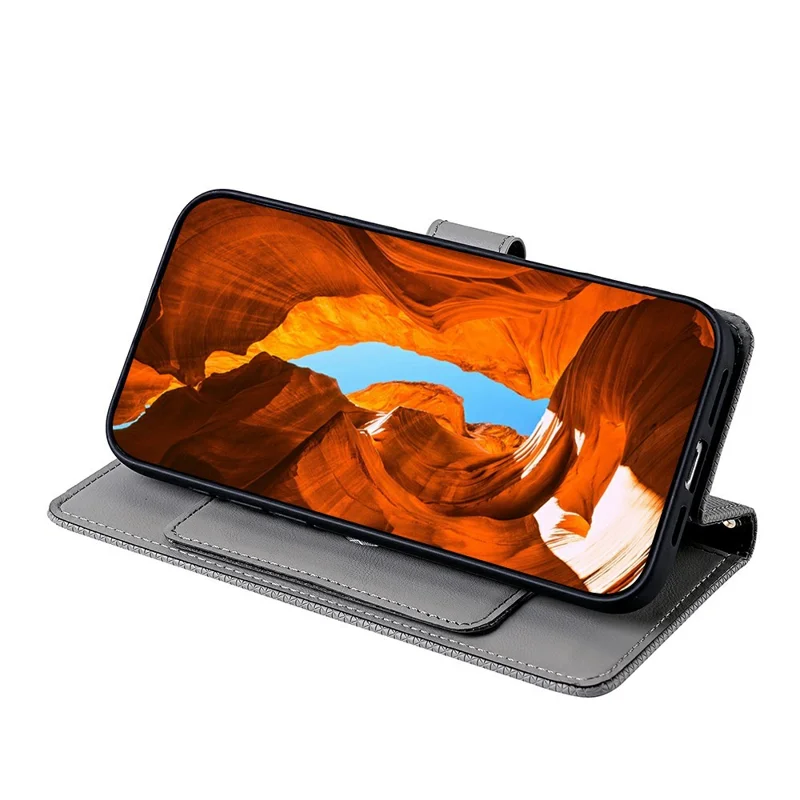 For Xiaomi Redmi A7 Pro 4G (171.56mm) Wallet Case Triangle Pattern Imprinted Stand Leather Phone Cover with Shoulder Strap - Grey