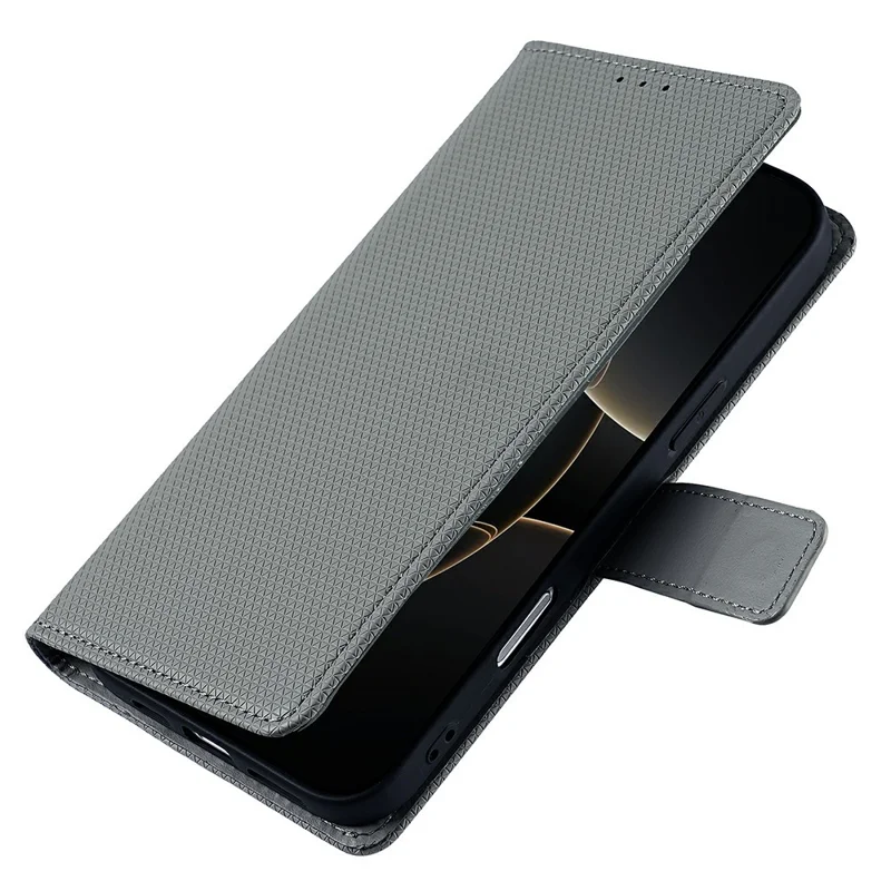 For Xiaomi Redmi A7 Pro 4G (171.56mm) Wallet Case Triangle Pattern Imprinted Stand Leather Phone Cover with Shoulder Strap - Grey