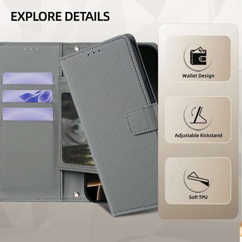For Xiaomi Redmi A7 Pro 4G (171.56mm) Wallet Case Triangle Pattern Imprinted Stand Leather Phone Cover with Shoulder Strap - Grey