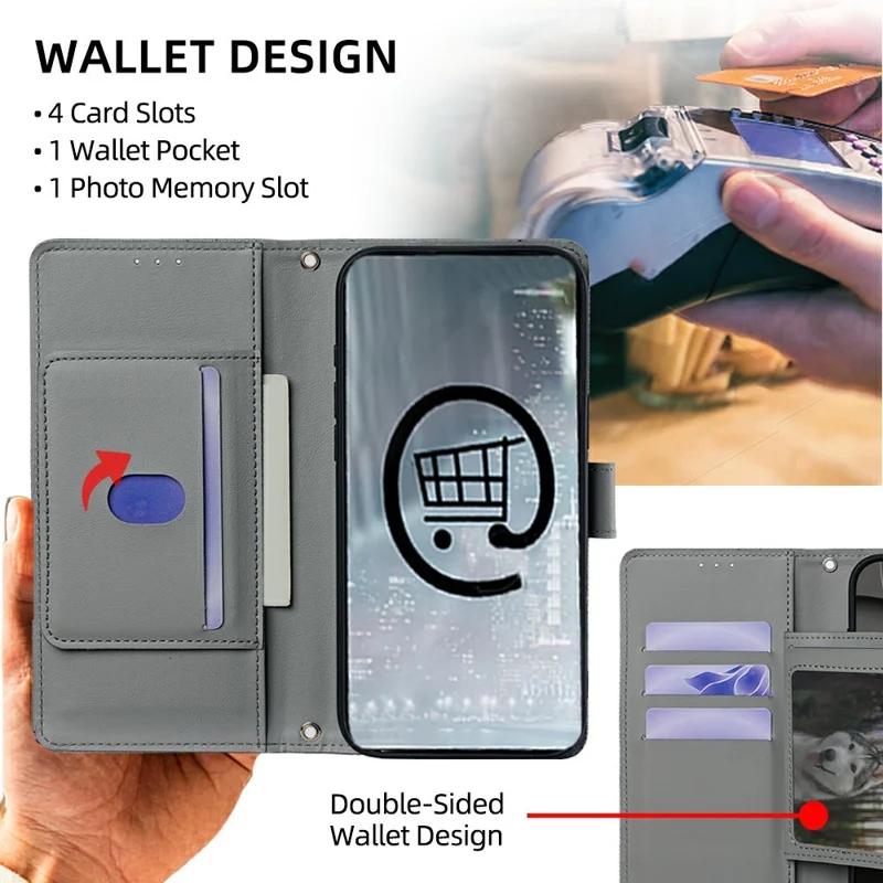 For Xiaomi Redmi A7 Pro 4G (171.56mm) Wallet Case Triangle Pattern Imprinted Stand Leather Phone Cover with Shoulder Strap - Grey