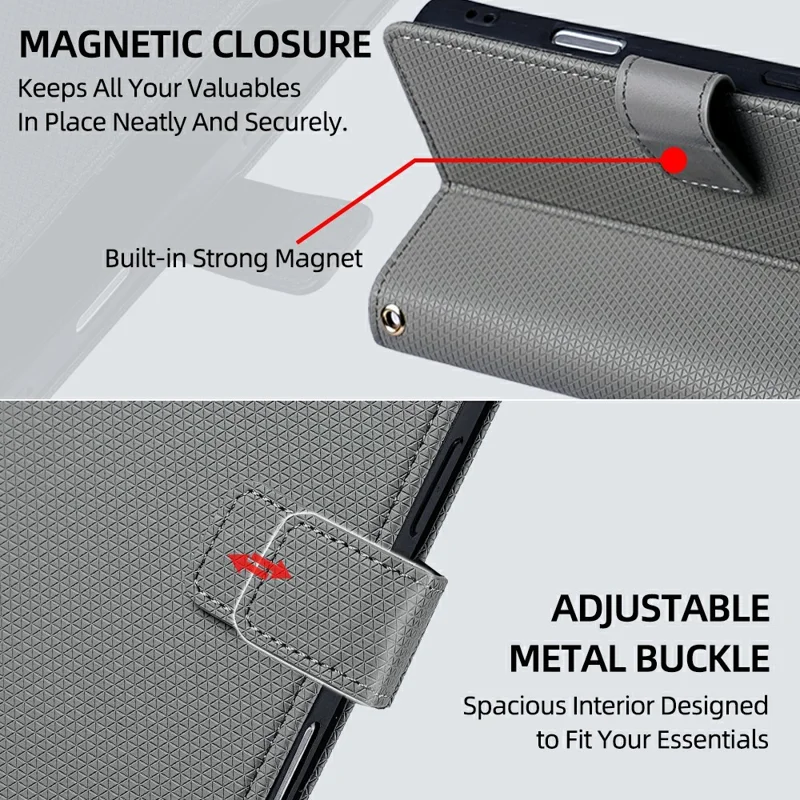 For Xiaomi Redmi A7 Pro 4G (171.56mm) Wallet Case Triangle Pattern Imprinted Stand Leather Phone Cover with Shoulder Strap - Grey