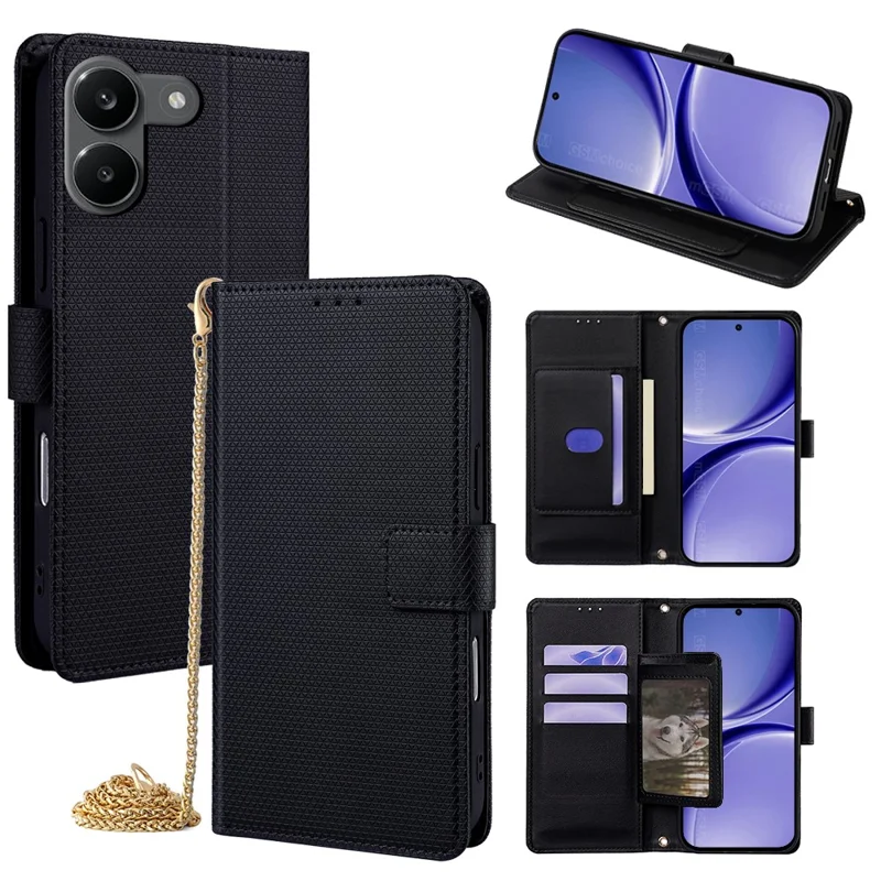 For Xiaomi Redmi Turbo 5 5G Wallet Case Triangle Pattern Imprinted Stand Leather Phone Cover with Shoulder Strap - Black