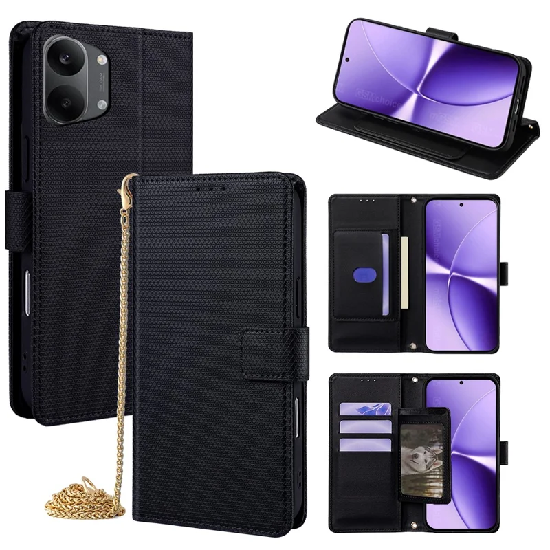 For Xiaomi Redmi Turbo 5 Max 5G Wallet Case Triangle Pattern Imprinted Stand Leather Phone Cover with Shoulder Strap - Black