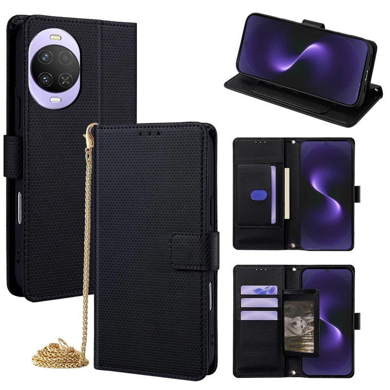 For Huawei nova 15 5G Wallet Case Triangle Pattern Imprinted Stand Leather Phone Cover with Shoulder Strap - Black