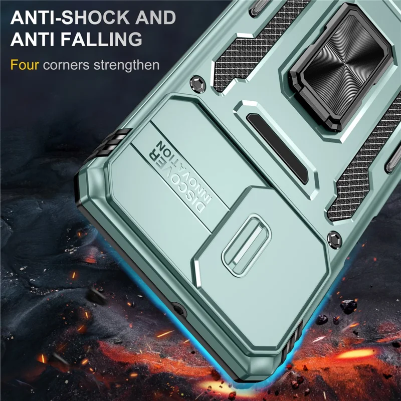 Série Armor para Samsung Galaxy M53 5G Kickstand Design Bump Proof Phone Case PC + TPU Protective Back Cover com Slide Camera Cover - Verde