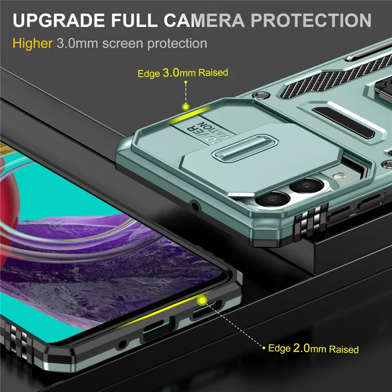 Série Armor para Samsung Galaxy M53 5G Kickstand Design Bump Proof Phone Case PC + TPU Protective Back Cover com Slide Camera Cover - Verde