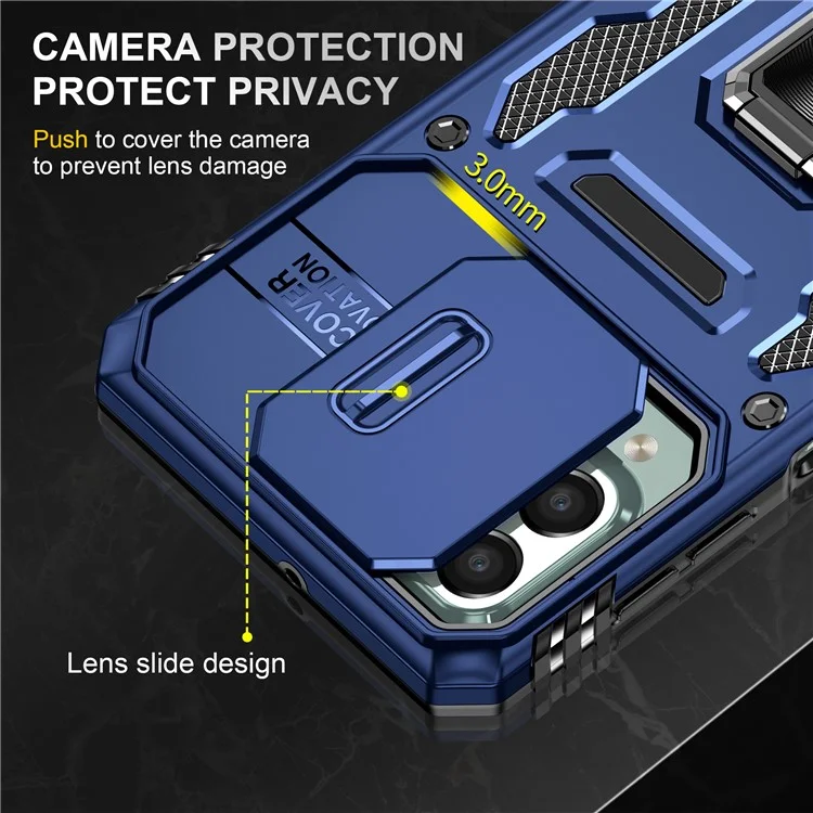 Serie Armor para Samsung Galaxy M53 5G Diseño de Soporte Resistente a Golpes Funda de Teléfono Protectora de PC + TPU con Cubierta Deslizante para Cámara - Azul marino