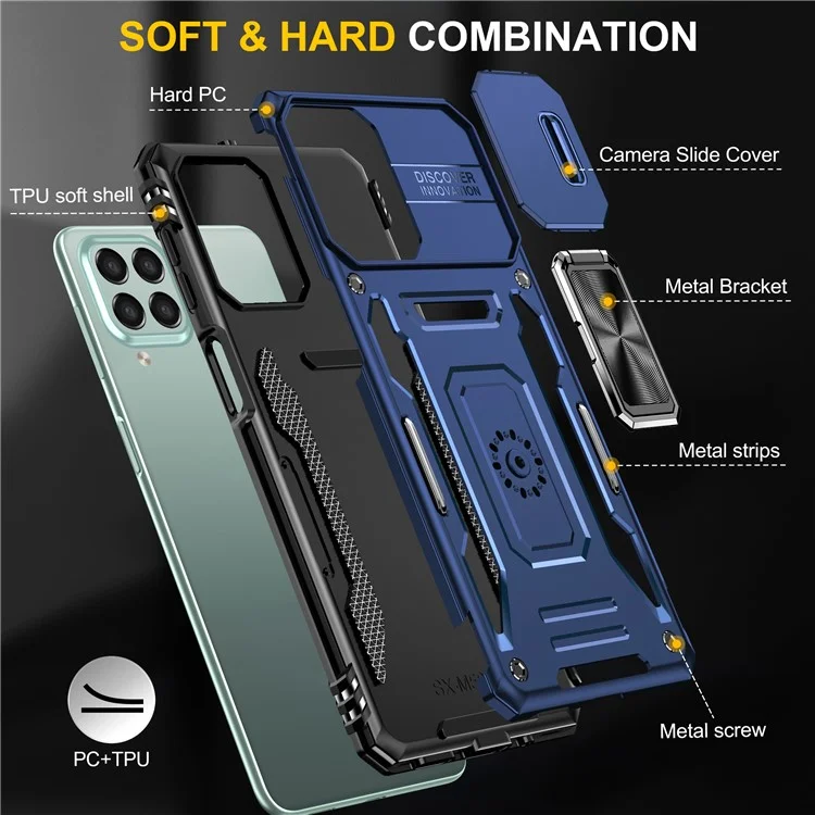 Serie Armor para Samsung Galaxy M53 5G Diseño de Soporte Resistente a Golpes Funda de Teléfono Protectora de PC + TPU con Cubierta Deslizante para Cámara - Azul marino