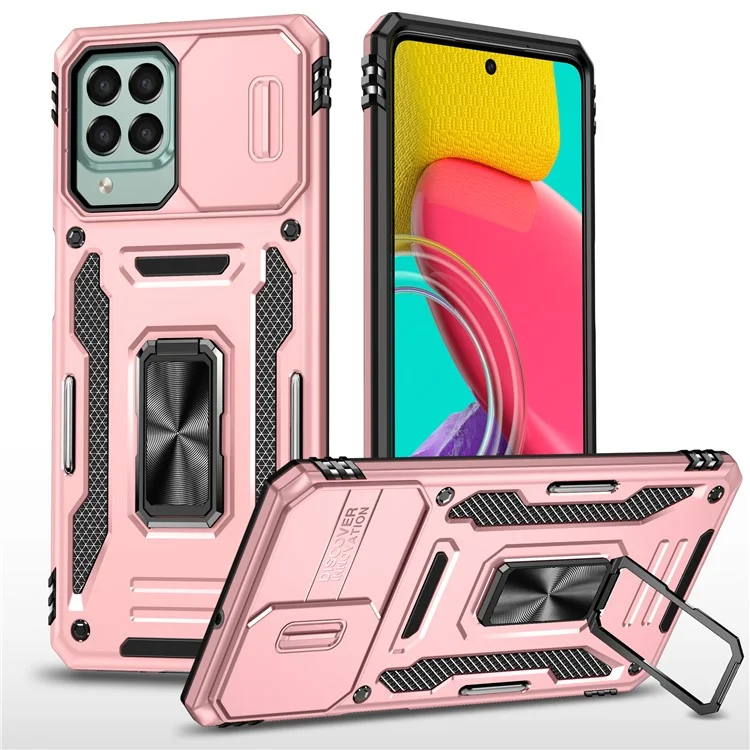Armor Series for Samsung Galaxy M53 5G Kickstand Design Bump Proof Phone Case PC + TPU Protective Back Cover with Slide Camera Cover - Rose Gold