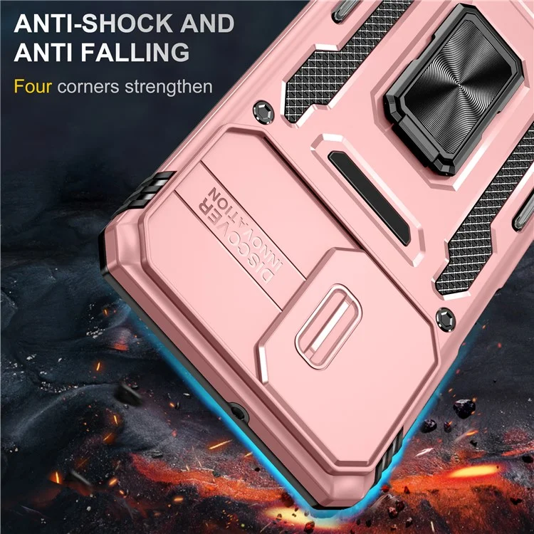 Armor Series for Samsung Galaxy M53 5G Kickstand Design Bump Proof Phone Case PC + TPU Protective Back Cover with Slide Camera Cover - Rose Gold