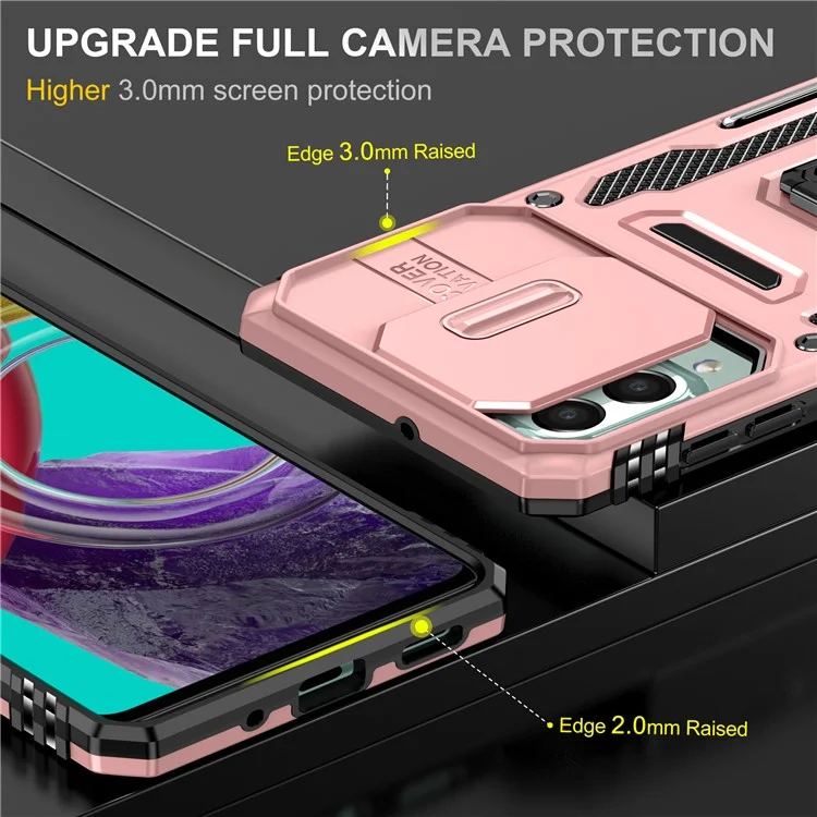 Armor Series for Samsung Galaxy M53 5G Kickstand Design Bump Proof Phone Case PC + TPU Protective Back Cover with Slide Camera Cover - Rose Gold