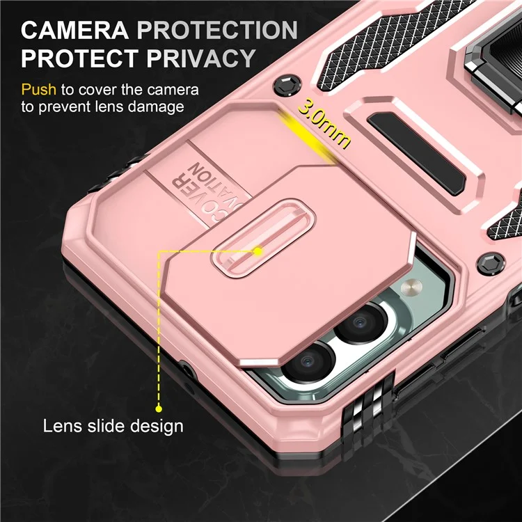 Armor Series for Samsung Galaxy M53 5G Kickstand Design Bump Proof Phone Case PC + TPU Protective Back Cover with Slide Camera Cover - Rose Gold
