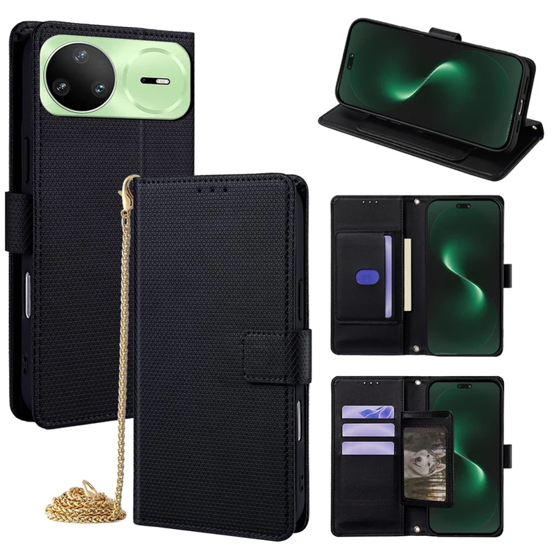 For Huawei nova 15 Pro 5G Wallet Case Triangle Pattern Imprinted Stand Leather Phone Cover with Shoulder Strap - Black