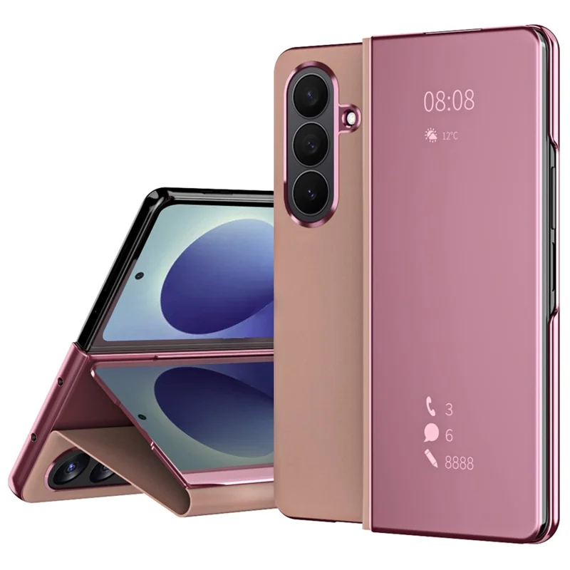 For Samsung Galaxy Z Fold8 Case Electroplating View Window Stand Leather Phone Cover - Pink