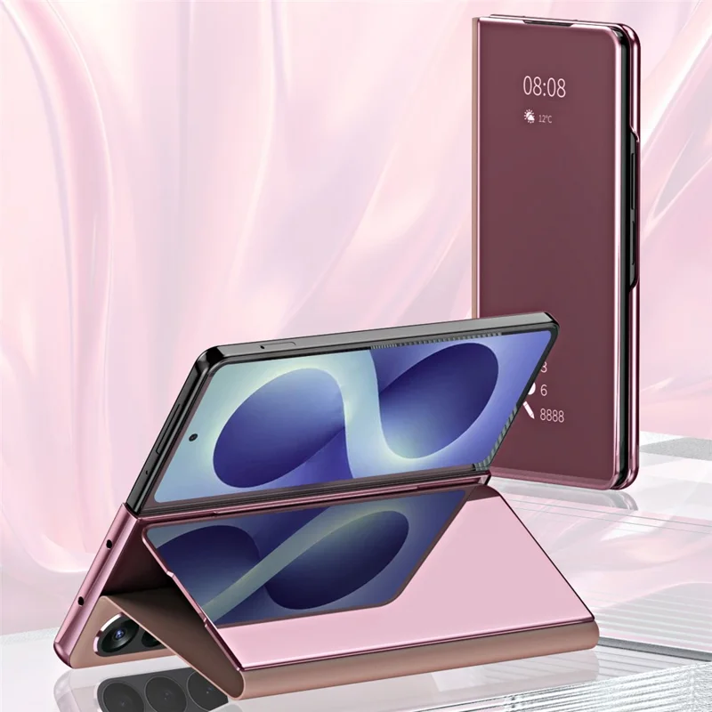 For Samsung Galaxy Z Fold8 Case Electroplating View Window Stand Leather Phone Cover - Pink