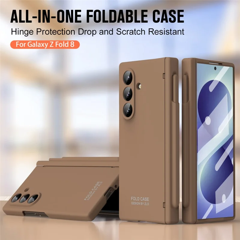 For Samsung Galaxy Z Fold8 Ultra Case Folding PC Phone Cover with Stylus / Tempered Glass Film - Brown