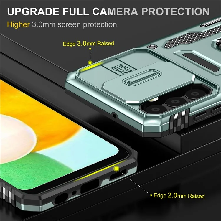 Série Armor pour Samsung Galaxy A13 4G / 5G Protecteur de caméra coulissante Étui de téléphone avec support Coque de protection en PC + TPU - Vert