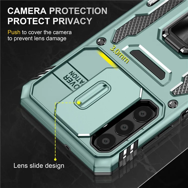 Série Armor pour Samsung Galaxy A13 4G / 5G Protecteur de caméra coulissante Étui de téléphone avec support Coque de protection en PC + TPU - Vert