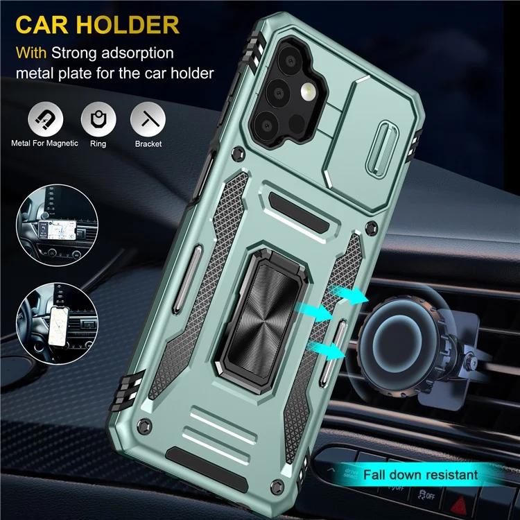 Série Armor pour Samsung Galaxy A13 4G / 5G Protecteur de caméra coulissante Étui de téléphone avec support Coque de protection en PC + TPU - Vert