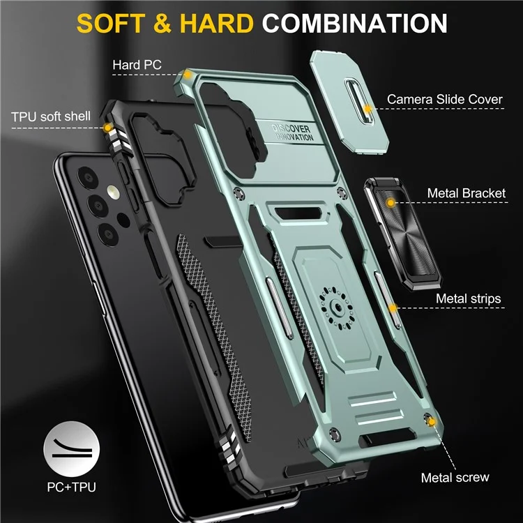 Série Armor pour Samsung Galaxy A13 4G / 5G Protecteur de caméra coulissante Étui de téléphone avec support Coque de protection en PC + TPU - Vert