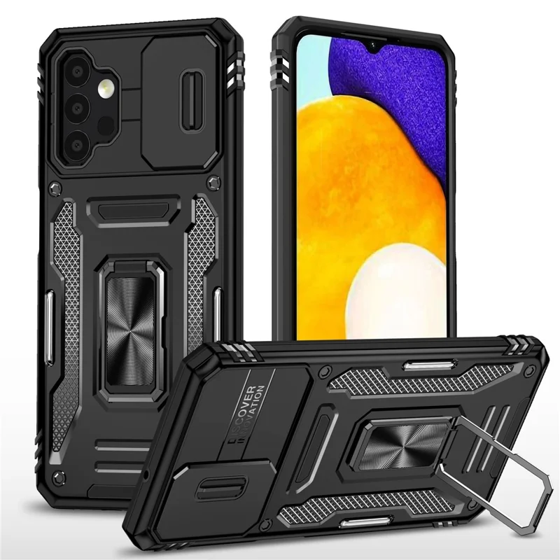 Armor Series for Samsung Galaxy A13 4G / 5G Slide Camera Protector Kickstand Phone Case PC + TPU Protective Cover - Black