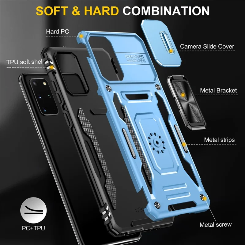 Série de Armadura Para Samsung Galaxy S20 Plus 4G / 5G PC + TPU Anti-drop Caixa de Telefone Kickstand Back Capa Com Protetor de Câmera Deslizante - Céu Azul