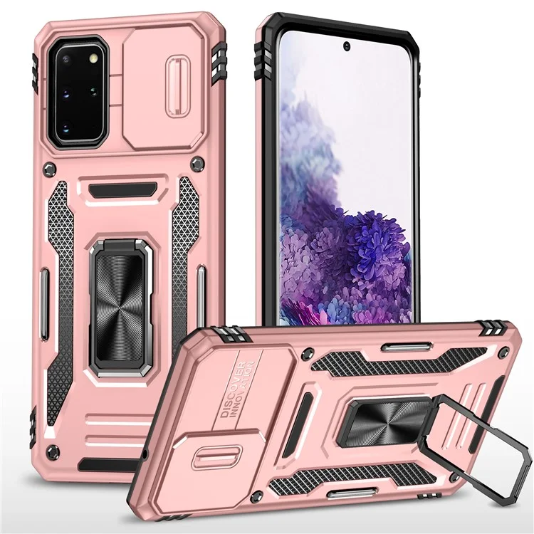 Série de Armadura Para Samsung Galaxy S20 Plus 4G / 5G PC + TPU Anti-drop Caixa de Telefone Kickstand Back Capa Com Protetor de Câmera Deslizante - Rosa Ouro