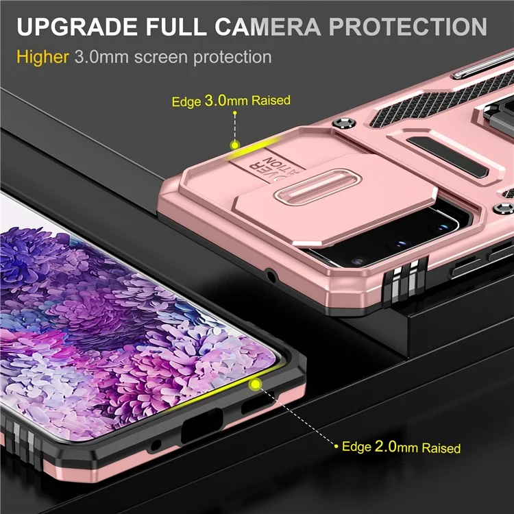 Série de Armadura Para Samsung Galaxy S20 Plus 4G / 5G PC + TPU Anti-drop Caixa de Telefone Kickstand Back Capa Com Protetor de Câmera Deslizante - Rosa Ouro