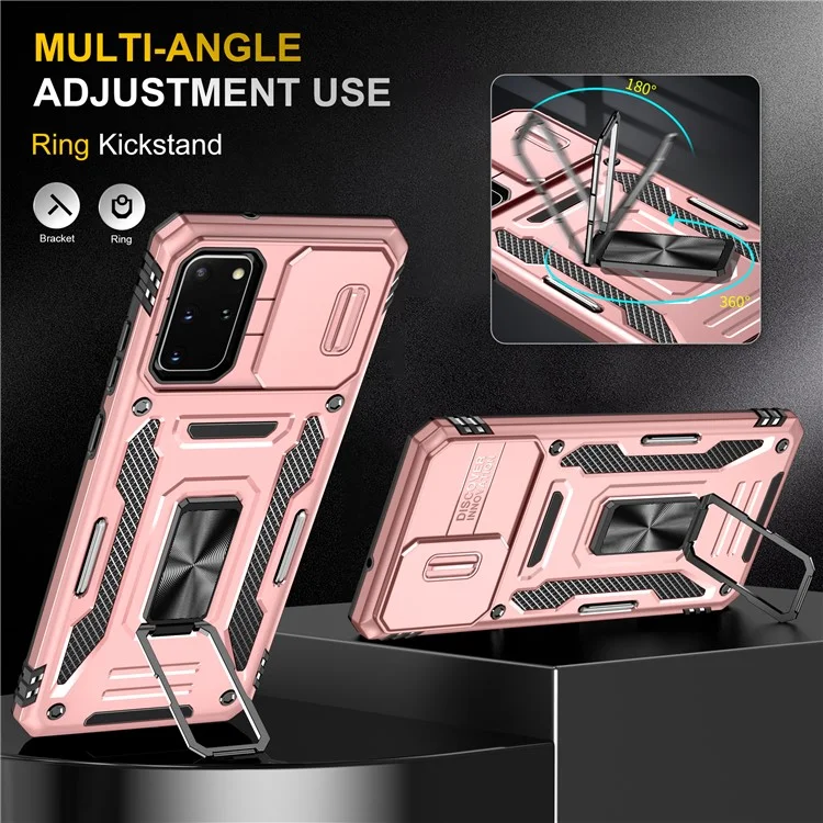 Série de Armadura Para Samsung Galaxy S20 Plus 4G / 5G PC + TPU Anti-drop Caixa de Telefone Kickstand Back Capa Com Protetor de Câmera Deslizante - Rosa Ouro