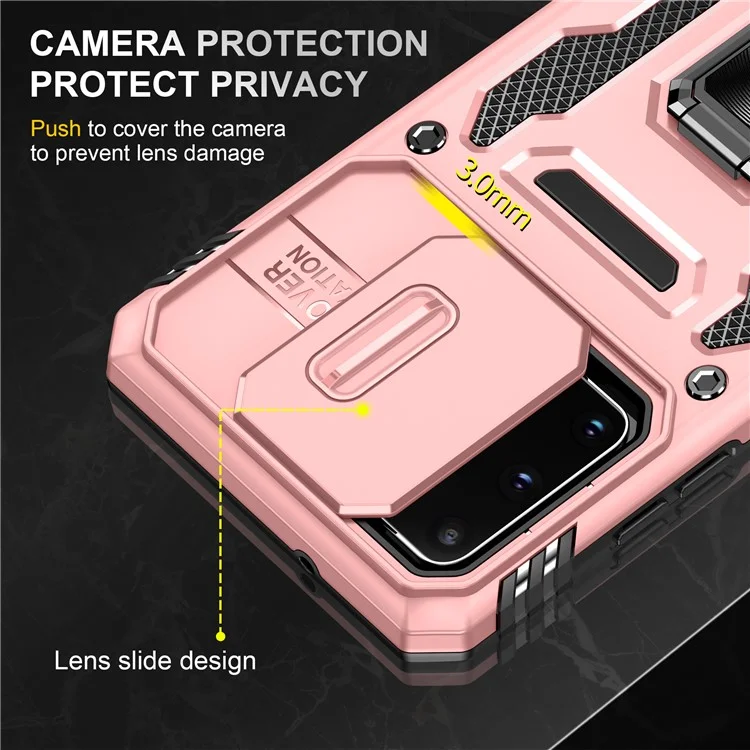 Série de Armadura Para Samsung Galaxy S20 Plus 4G / 5G PC + TPU Anti-drop Caixa de Telefone Kickstand Back Capa Com Protetor de Câmera Deslizante - Rosa Ouro