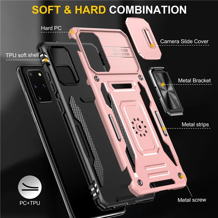 Série de Armadura Para Samsung Galaxy S20 Plus 4G / 5G PC + TPU Anti-drop Caixa de Telefone Kickstand Back Capa Com Protetor de Câmera Deslizante - Rosa Ouro