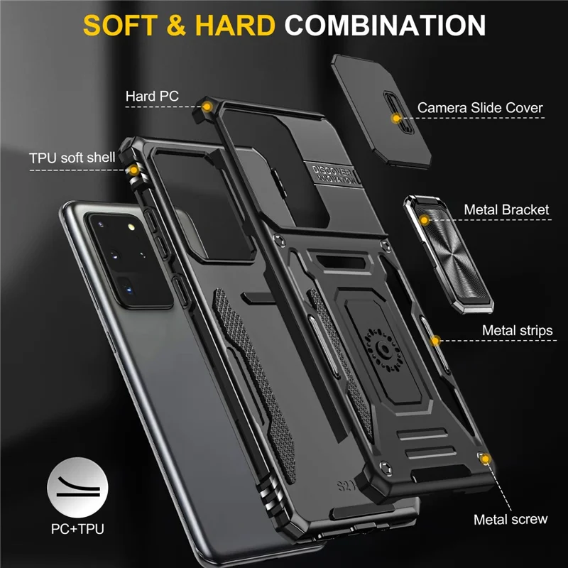 Armor Series for Samsung Galaxy S20 Ultra Kickstand PC + TPU Hybrid Cover Protective Phone Case with Slide Camera Protector - Black