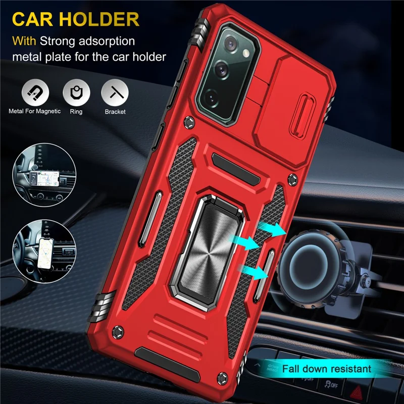 Armor Series for Samsung Galaxy S20 FE 4G / 5G / S20 FE 2022 / S20 Lite Kickstand Design Shockproof Phone Case PC + TPU Protective Back Cover with Slide Camera Cover - Red