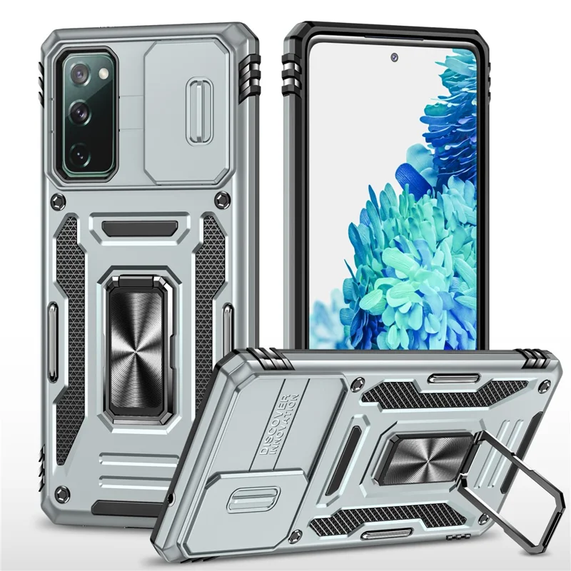 Armor Series for Samsung Galaxy S20 FE 4G / 5G / S20 FE 2022 / S20 Lite Kickstand Design Shockproof Phone Case PC + TPU Protective Back Cover with Slide Camera Cover - Grey