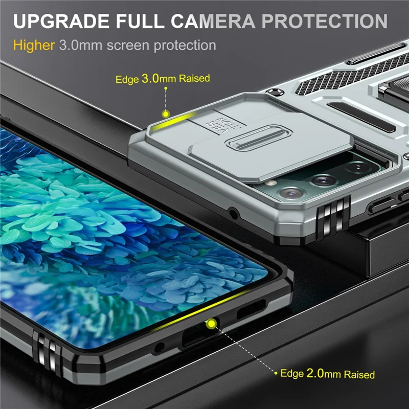 Armor Series for Samsung Galaxy S20 FE 4G / 5G / S20 FE 2022 / S20 Lite Kickstand Design Shockproof Phone Case PC + TPU Protective Back Cover with Slide Camera Cover - Grey
