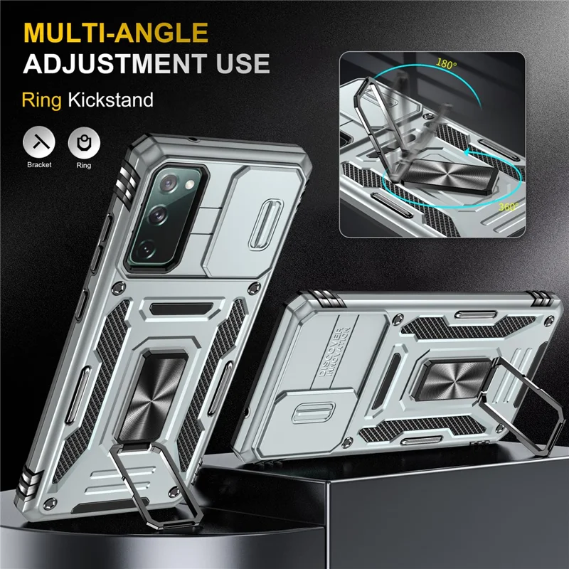 Armor Series for Samsung Galaxy S20 FE 4G / 5G / S20 FE 2022 / S20 Lite Kickstand Design Shockproof Phone Case PC + TPU Protective Back Cover with Slide Camera Cover - Grey