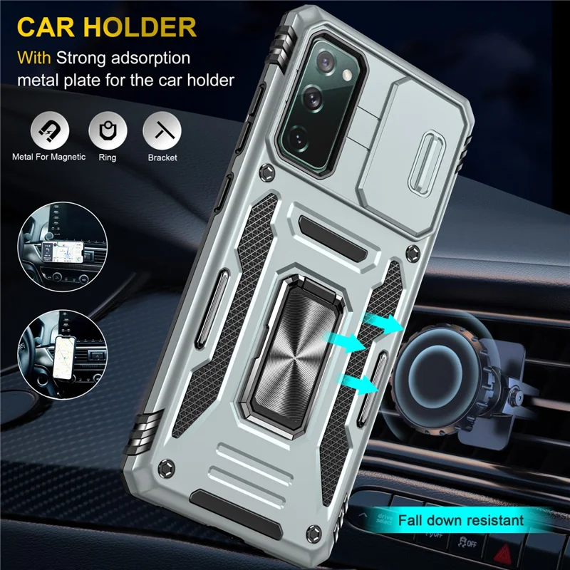 Armor Series for Samsung Galaxy S20 FE 4G / 5G / S20 FE 2022 / S20 Lite Kickstand Design Shockproof Phone Case PC + TPU Protective Back Cover with Slide Camera Cover - Grey