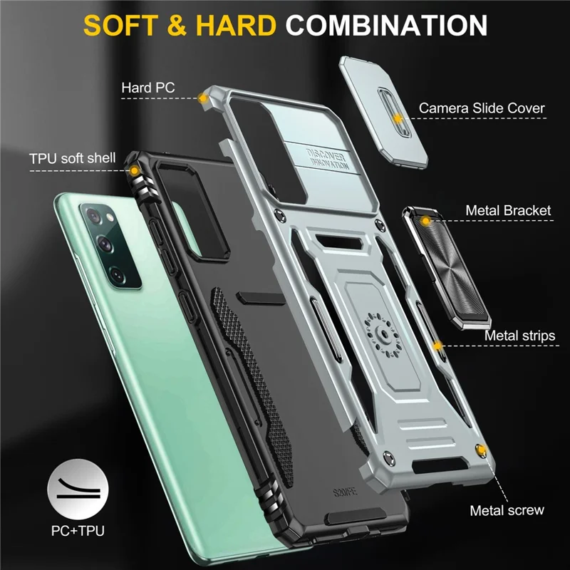 Armor Series for Samsung Galaxy S20 FE 4G / 5G / S20 FE 2022 / S20 Lite Kickstand Design Shockproof Phone Case PC + TPU Protective Back Cover with Slide Camera Cover - Grey