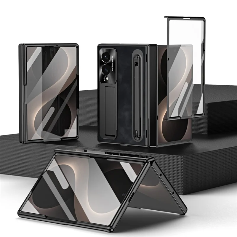 Cover per Samsung Galaxy Z Fold 8 con Ampia Fessura per Penna Stilo, Custodia in Pelle + PC con Supporto Integrato e Pellicola in Vetro Temperato, Penna Stilo - Nero