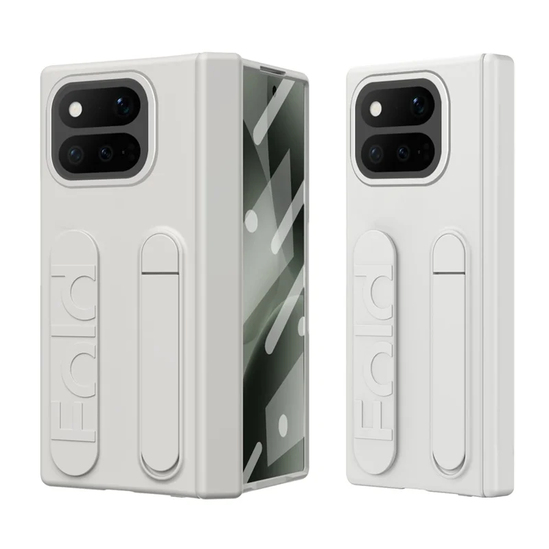 For Google Pixel 11 Pro Fold Case Kickstand Wristband PC Phone Cover with Tempered Glass Film - White