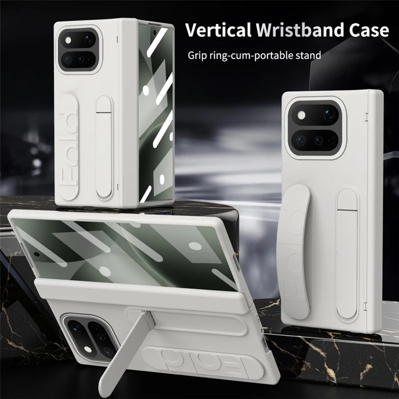 For Google Pixel 11 Pro Fold Case Kickstand Wristband PC Phone Cover with Tempered Glass Film - White
